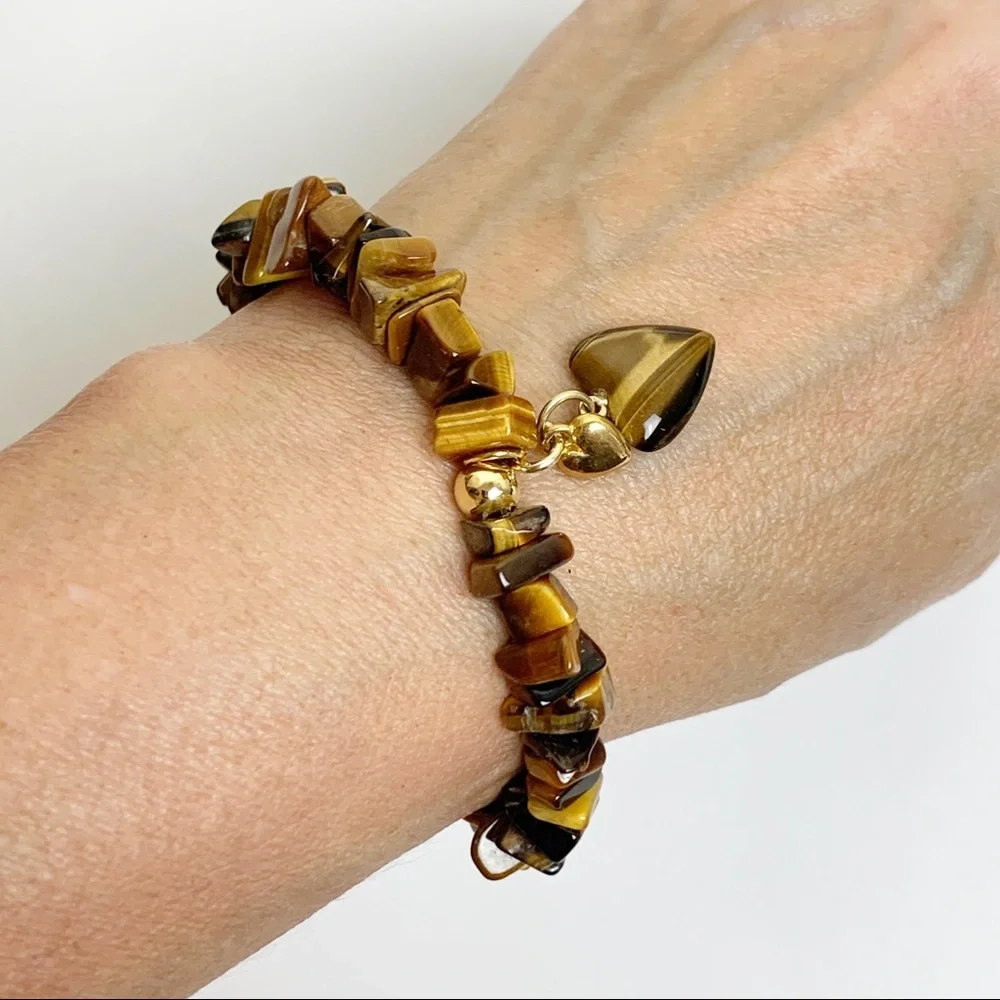 Tigers Eye Chip Stretch Bracelet with Heart Charm